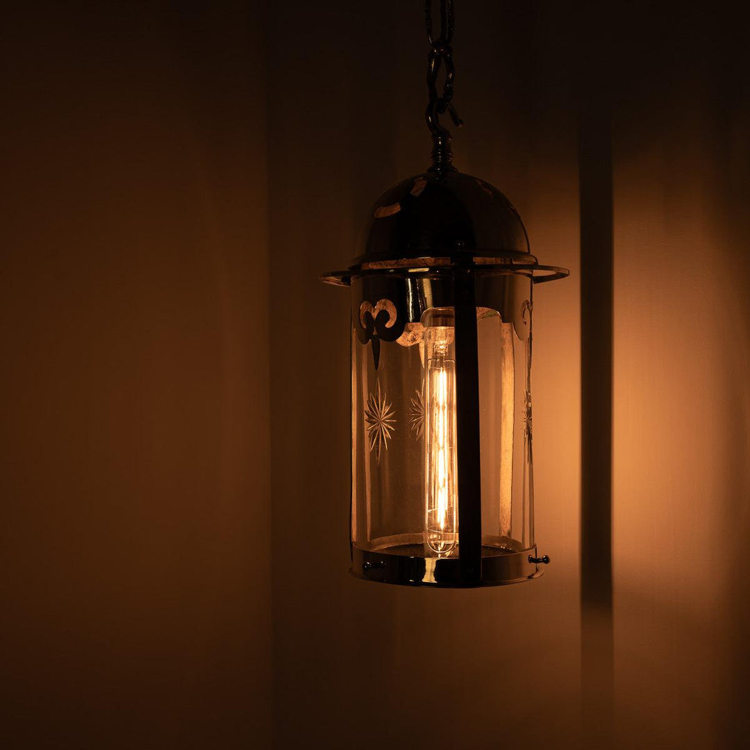 Antique Polished Brass Arts & Crafts Hall Lantern with Crystal Glass Shade