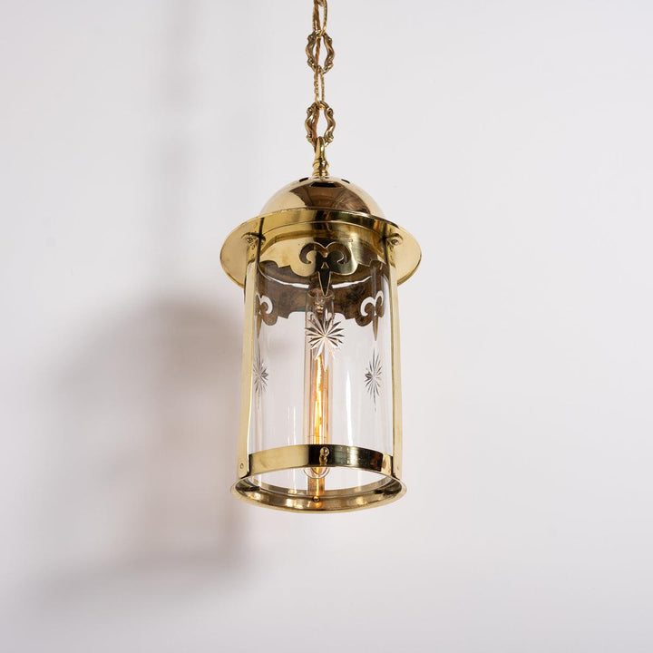 Antique Polished Brass Arts & Crafts Hall Lantern with Crystal Glass Shade