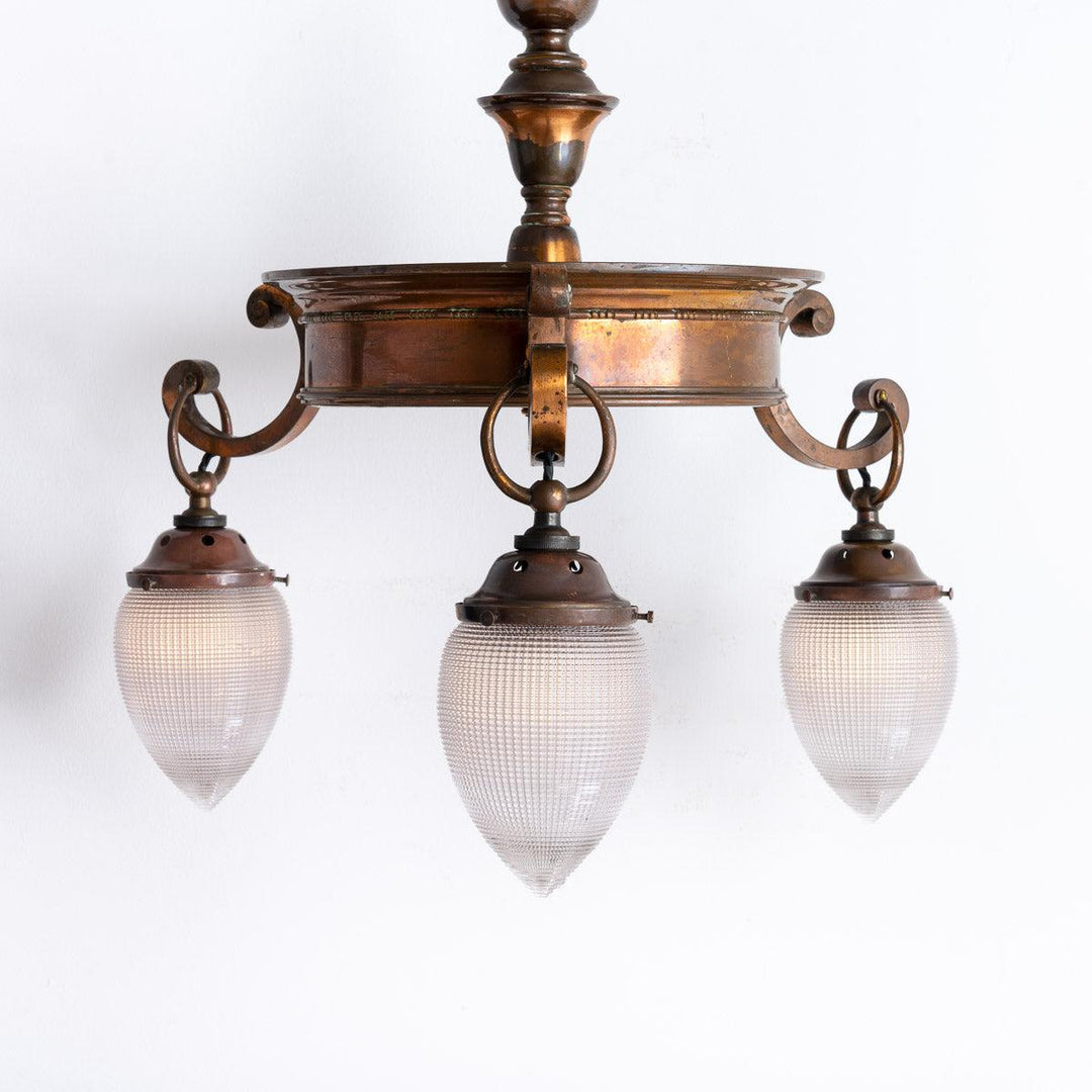 Antique Three Arm Copper Chandelier with Holophane Pine Cone Shades