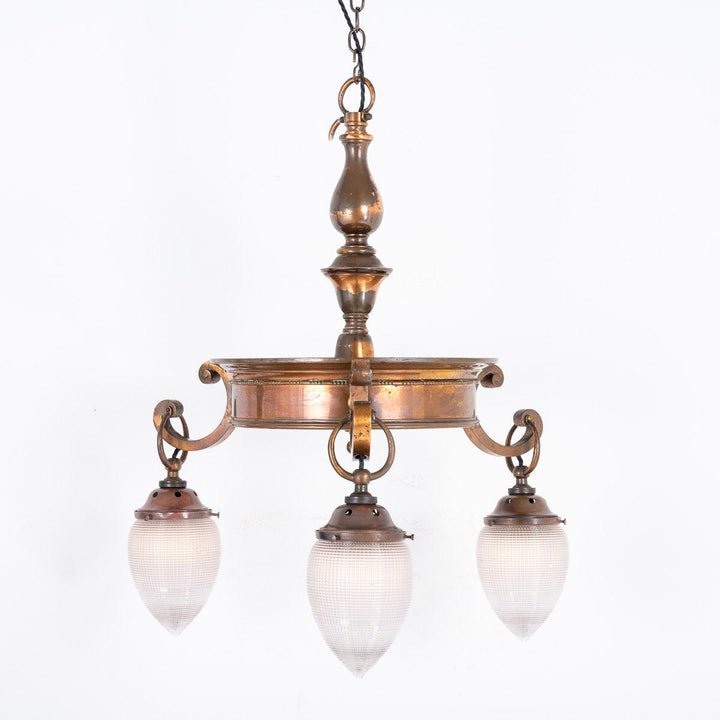 Antique Three Arm Copper Chandelier with Holophane Pine Cone Shades