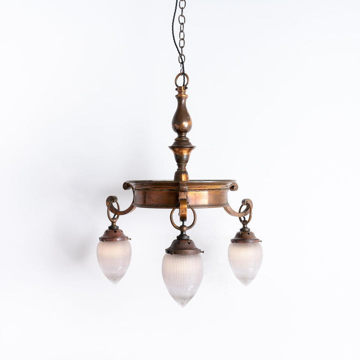 Antique Three Arm Copper Chandelier with Holophane Pine Cone Shades