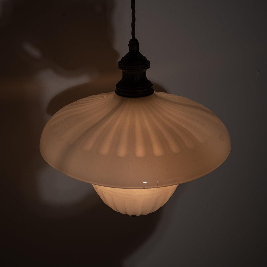 Antique Two Part Moonstone Glass "Peerlite" Pendant Light Fitting with Aged Brass Fittings