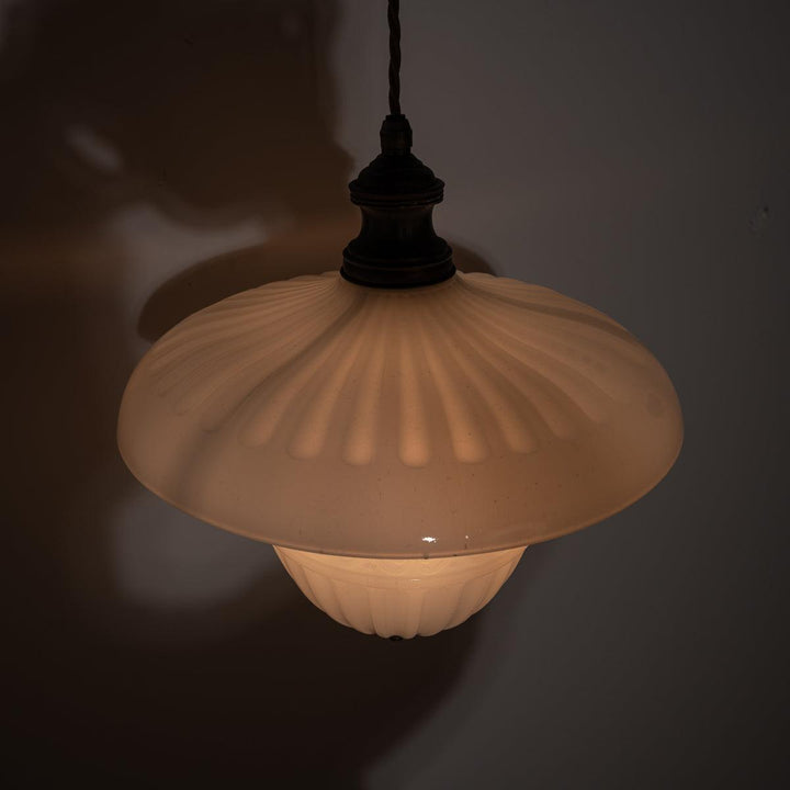 Antique Two Part Moonstone Glass "Peerlite" Pendant Light Fitting with Aged Brass Fittings