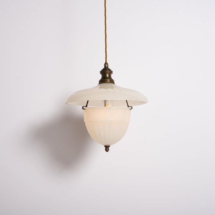 Antique Two Part Moonstone Glass "Peerlite" Pendant Light Fitting with Aged Brass Fittings