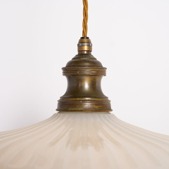 Antique Two Part Moonstone Glass "Peerlite" Pendant Light Fitting with Aged Brass Fittings