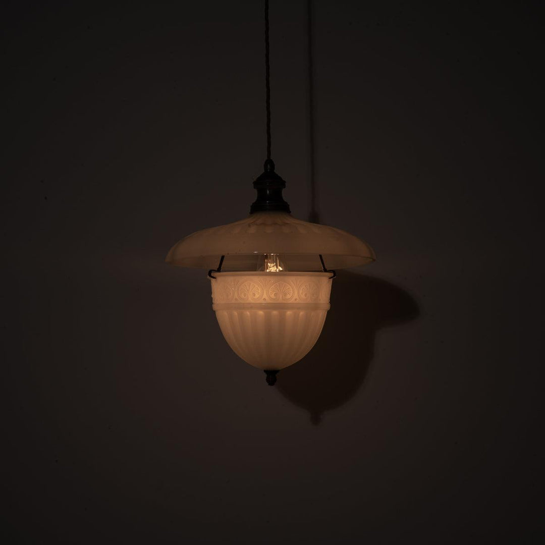 Antique Two Part Moonstone Glass "Peerlite" Pendant Light Fitting with Aged Brass Fittings