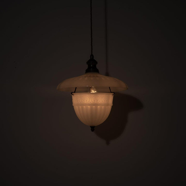 Antique Two Part Moonstone Glass "Peerlite" Pendant Light Fitting with Aged Brass Fittings