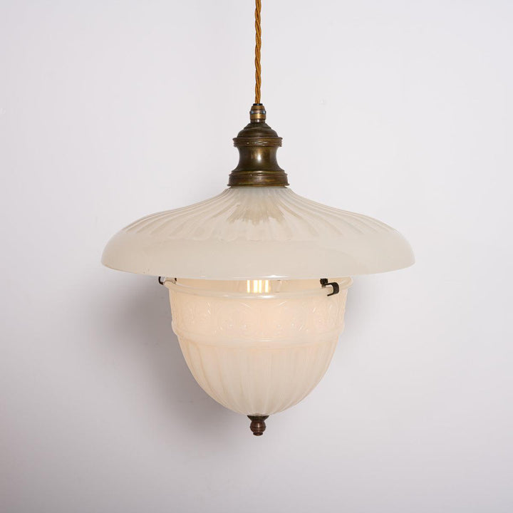 Antique Two Part Moonstone Glass "Peerlite" Pendant Light Fitting with Aged Brass Fittings