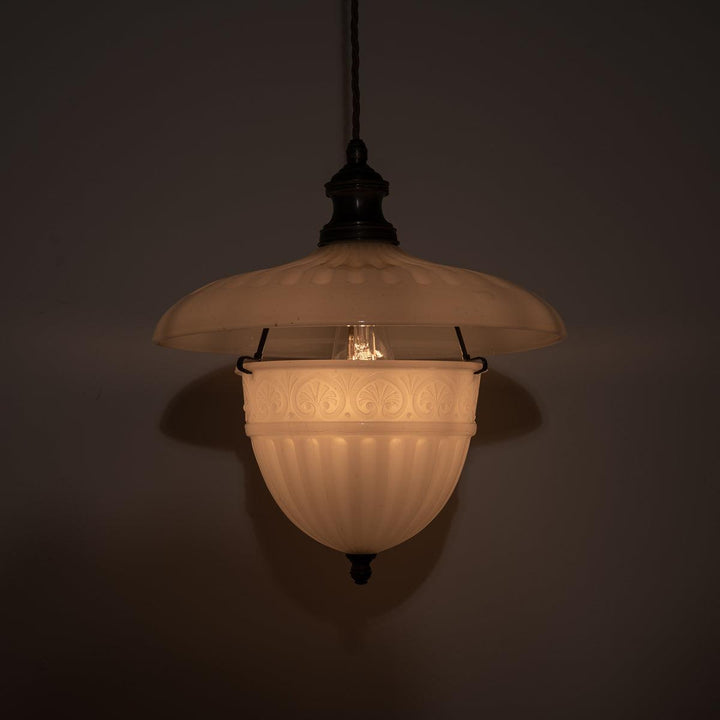 Antique Two Part Moonstone Glass "Peerlite" Pendant Light Fitting with Aged Brass Fittings