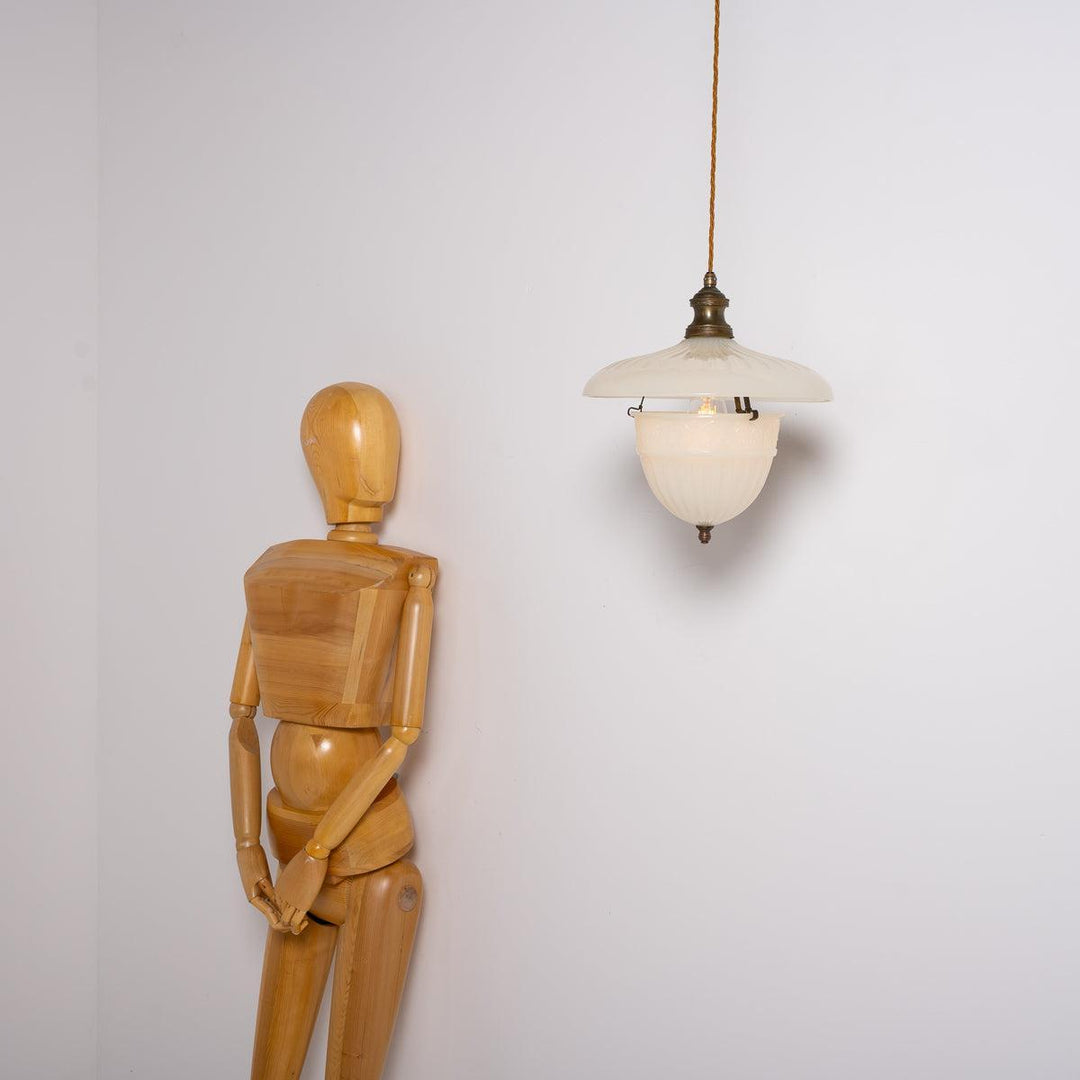 Antique Two Part Moonstone Glass "Peerlite" Pendant Light Fitting with Aged Brass Fittings