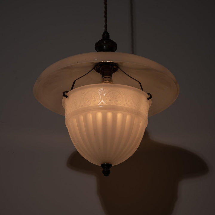 Antique Two Part Moonstone Glass "Peerlite" Pendant Light Fitting with Aged Brass Fittings