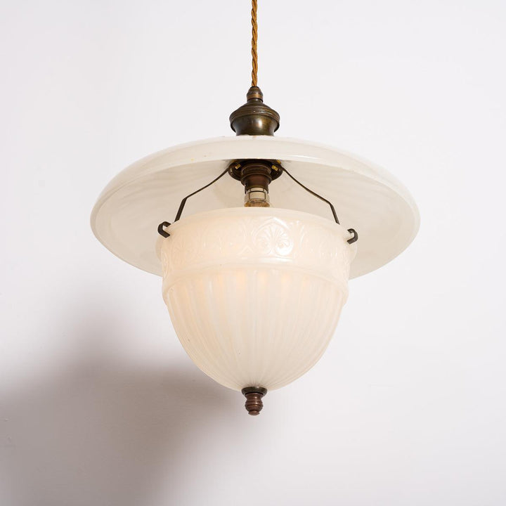 Antique Two Part Moonstone Glass "Peerlite" Pendant Light Fitting with Aged Brass Fittings