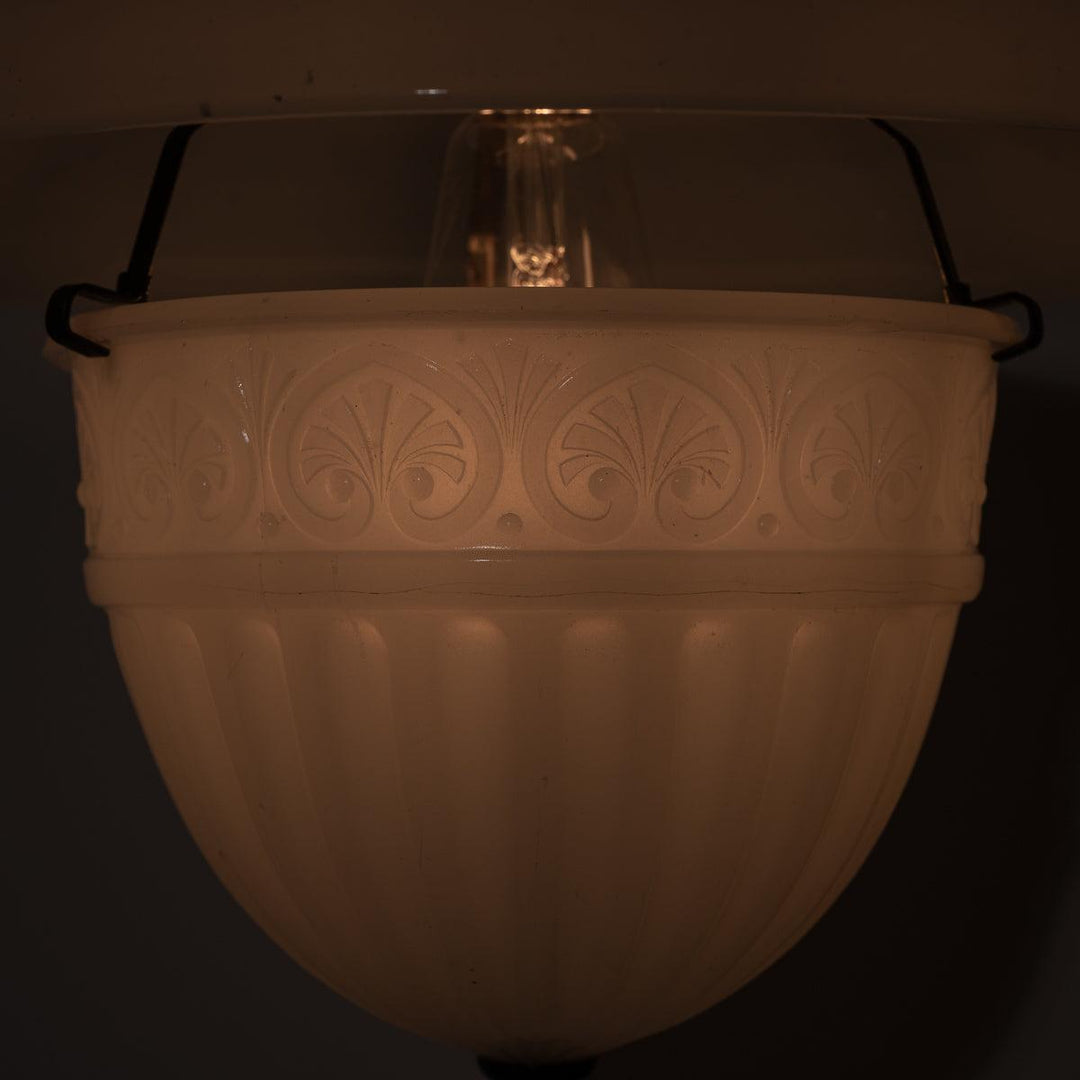 Antique Two Part Moonstone Glass "Peerlite" Pendant Light Fitting with Aged Brass Fittings