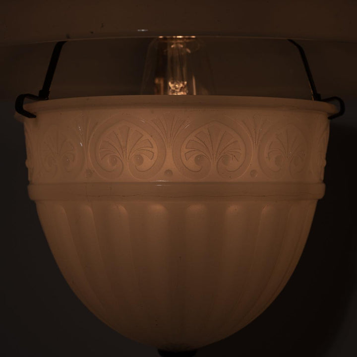 Antique Two Part Moonstone Glass "Peerlite" Pendant Light Fitting with Aged Brass Fittings
