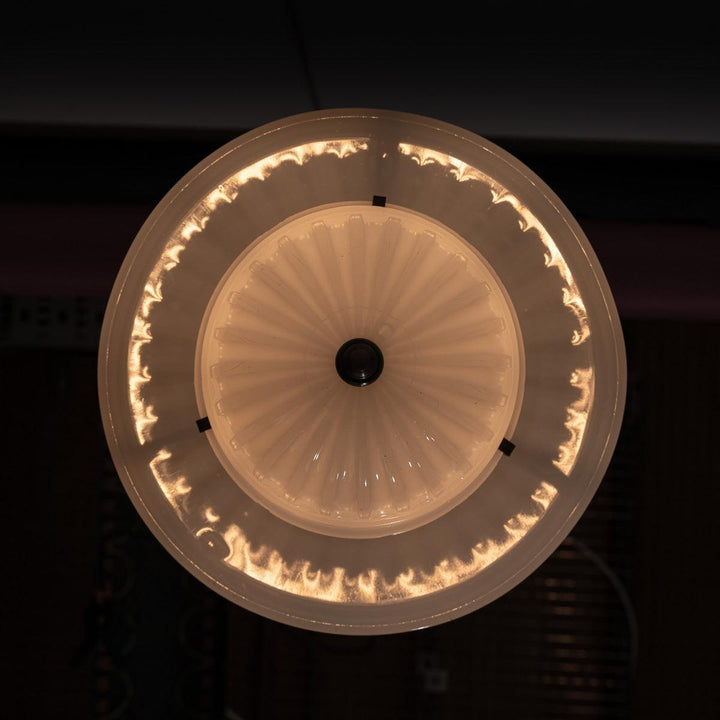 Antique Two Part Moonstone Glass "Peerlite" Pendant Light Fitting with Aged Brass Fittings