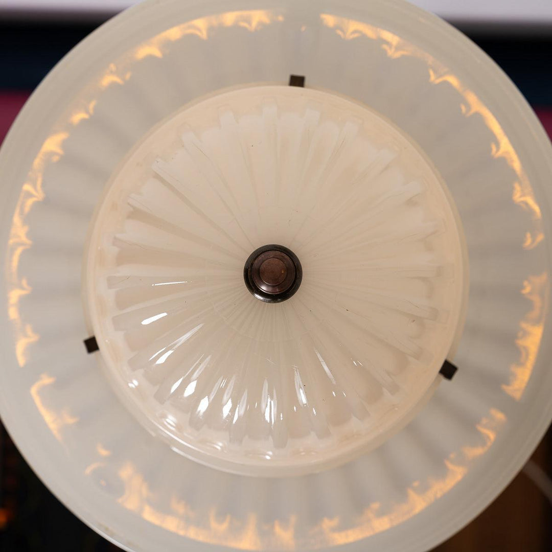 Antique Two Part Moonstone Glass "Peerlite" Pendant Light Fitting with Aged Brass Fittings