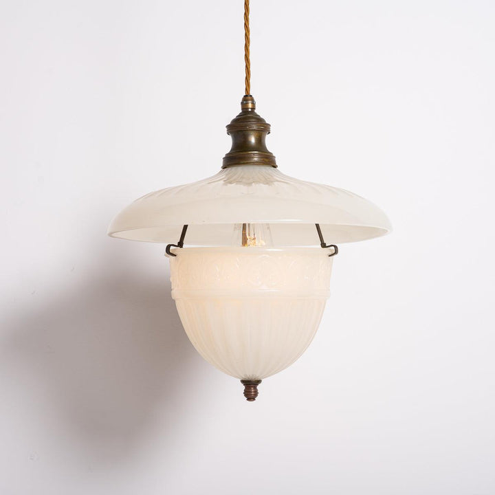 Antique Two Part Moonstone Glass "Peerlite" Pendant Light Fitting with Aged Brass Fittings