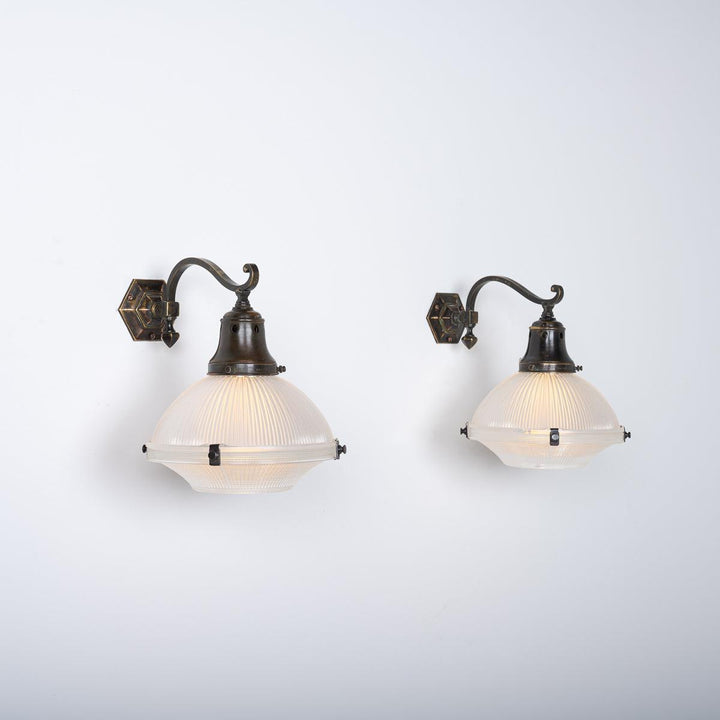 Attractive Pair of Holophane Wall Scones on Aged Brass Brackets