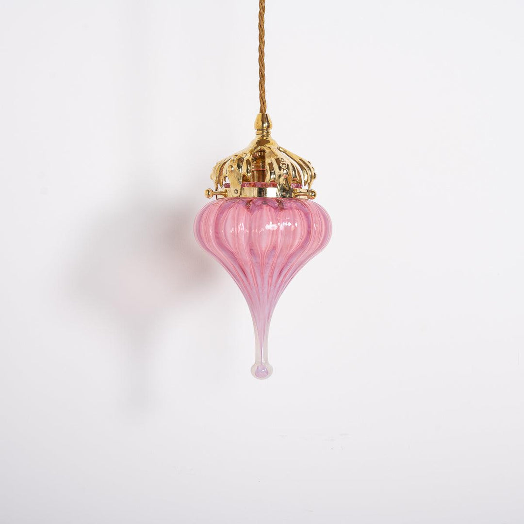 Cranberry Pink Vaseline Glass Drop Shade with Polished Brass Arts & Crafts Style Galleries