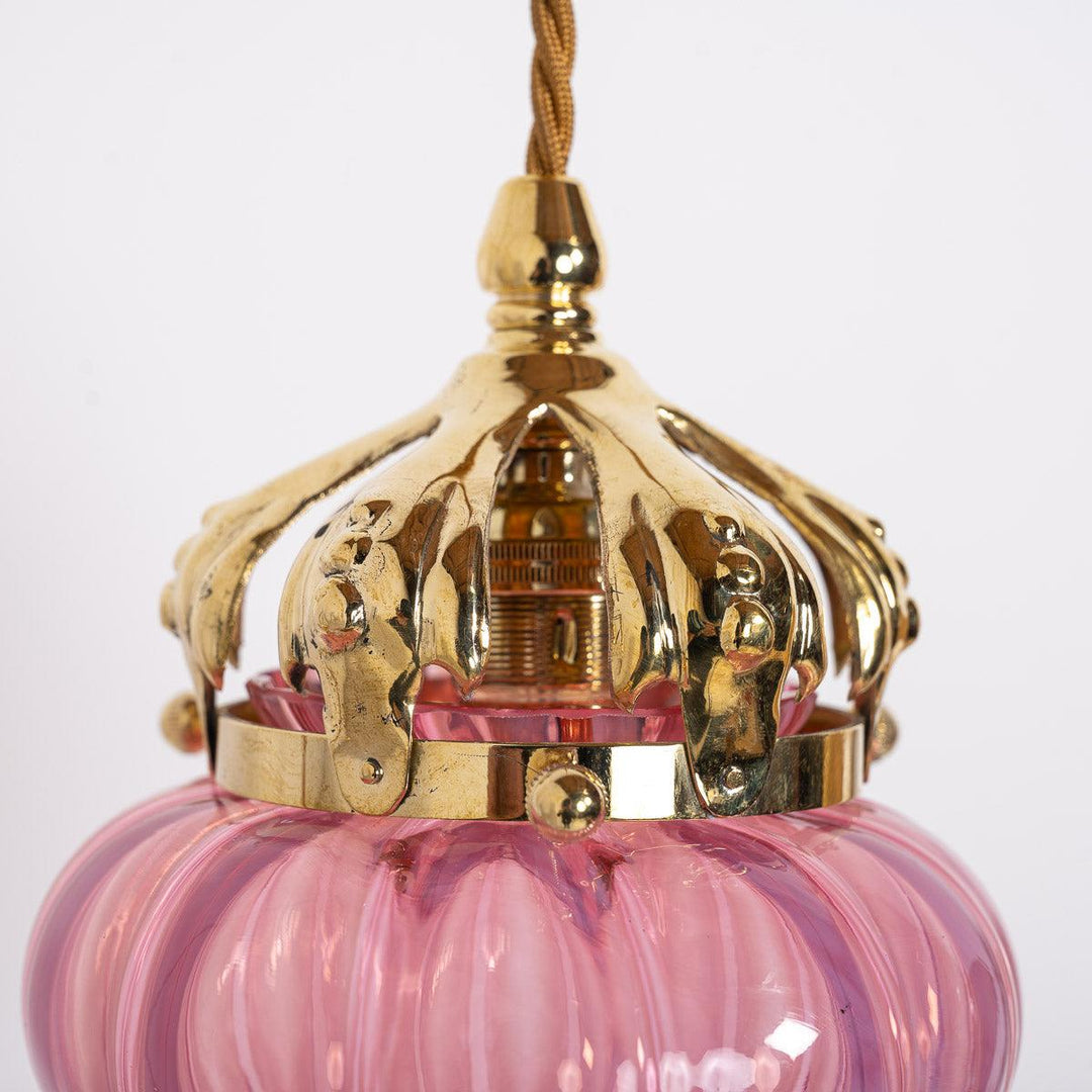 Cranberry Pink Vaseline Glass Drop Shade with Polished Brass Arts & Crafts Style Galleries