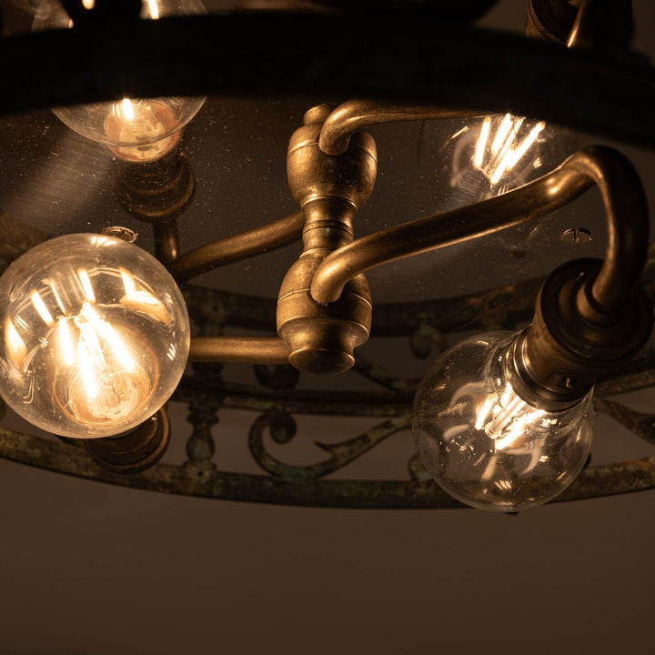 Decorative Open Panel Cast Bronze Flush to Ceiling Fitting with Exceptional Cut Crystal Bowl