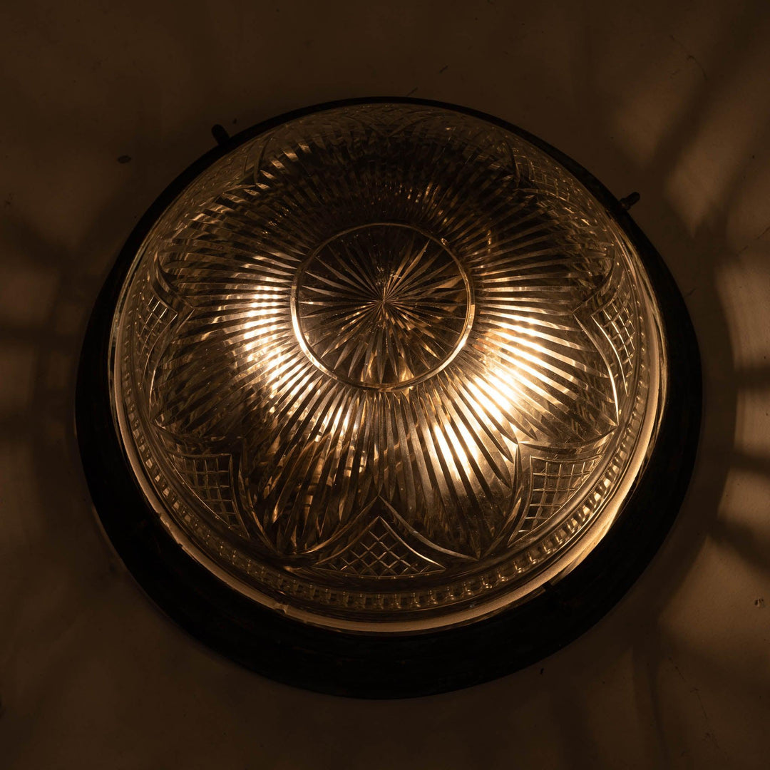 Decorative Open Panel Cast Bronze Flush to Ceiling Fitting with Exceptional Cut Crystal Bowl