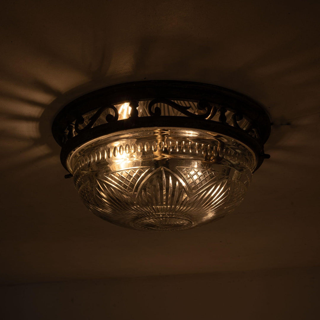 Decorative Open Panel Cast Bronze Flush to Ceiling Fitting with Exceptional Cut Crystal Bowl