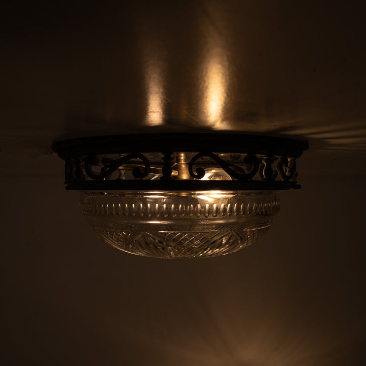 Decorative Open Panel Cast Bronze Flush to Ceiling Fitting with Exceptional Cut Crystal Bowl