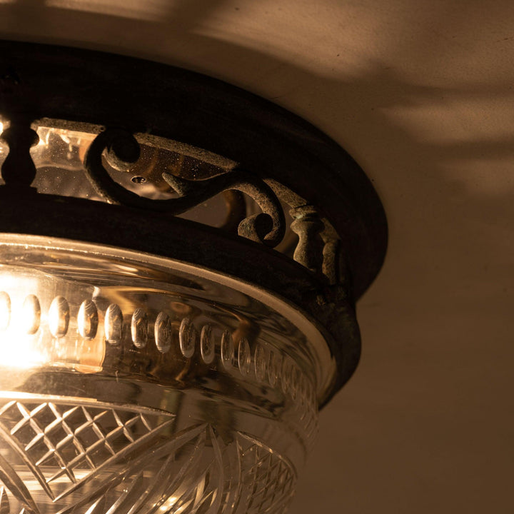 Decorative Open Panel Cast Bronze Flush to Ceiling Fitting with Exceptional Cut Crystal Bowl