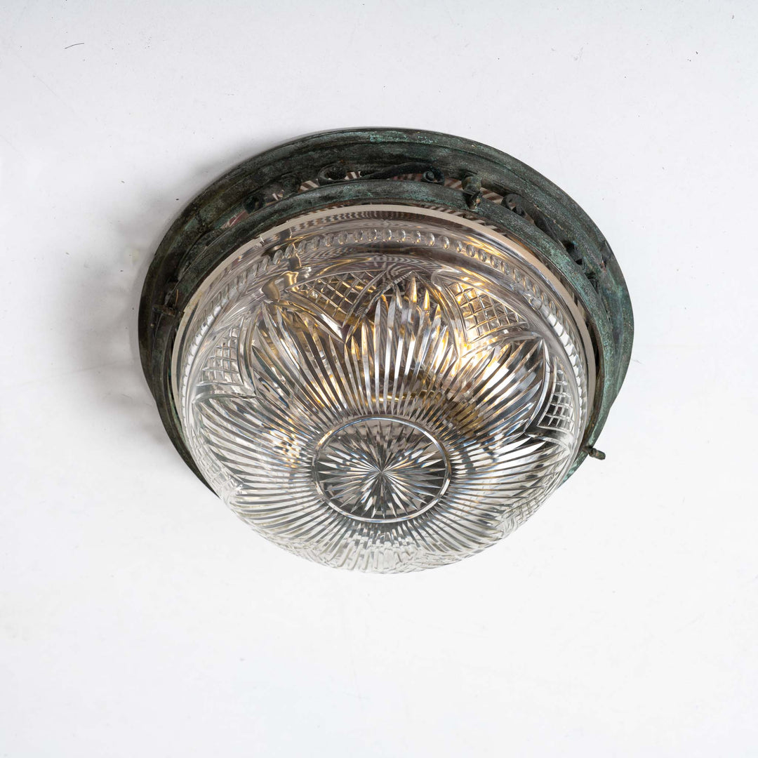 Decorative Open Panel Cast Bronze Flush to Ceiling Fitting with Exceptional Cut Crystal Bowl