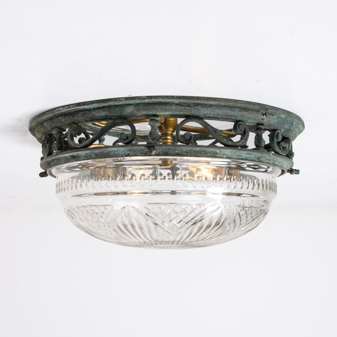 Decorative Open Panel Cast Bronze Flush to Ceiling Fitting with Exceptional Cut Crystal Bowl