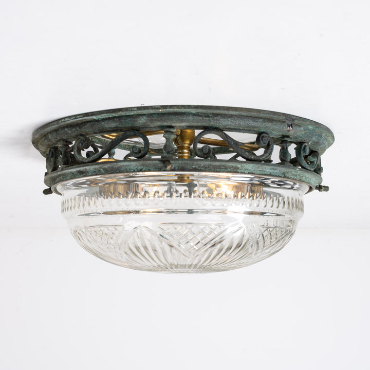 Decorative Open Panel Cast Bronze Flush to Ceiling Fitting with Exceptional Cut Crystal Bowl