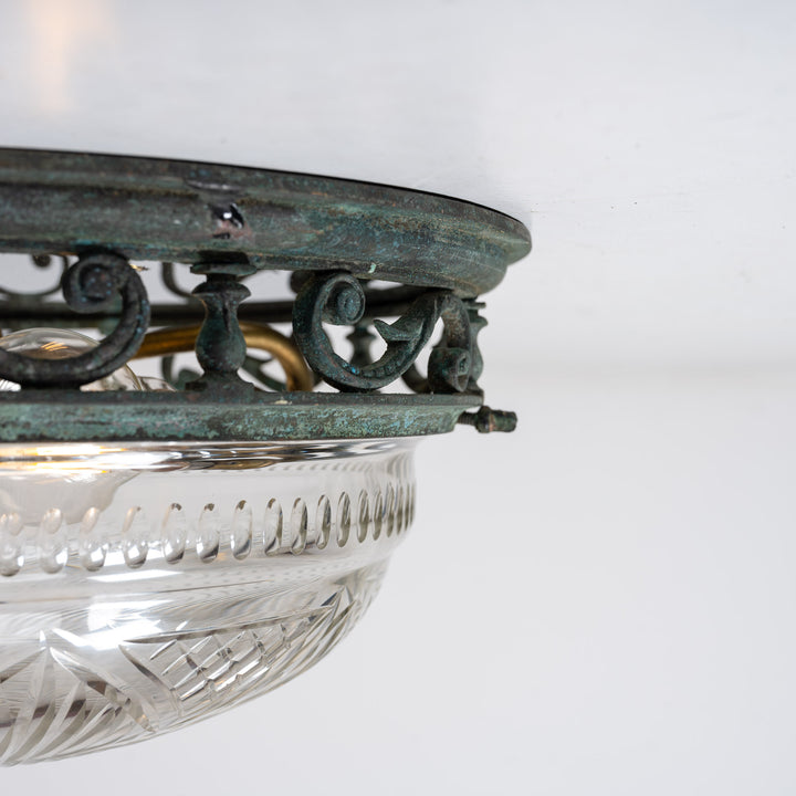 Decorative Open Panel Cast Bronze Flush to Ceiling Fitting with Exceptional Cut Crystal Bowl