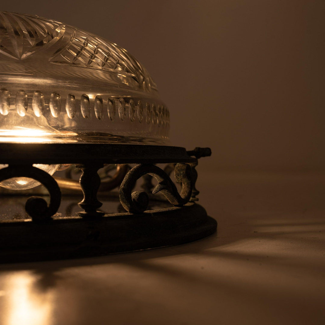 Decorative Open Panel Cast Bronze Flush to Ceiling Fitting with Exceptional Cut Crystal Bowl