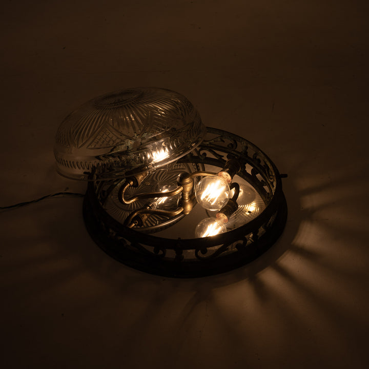 Decorative Open Panel Cast Bronze Flush to Ceiling Fitting with Exceptional Cut Crystal Bowl