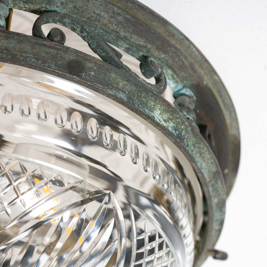 Decorative Open Panel Cast Bronze Flush to Ceiling Fitting with Exceptional Cut Crystal Bowl