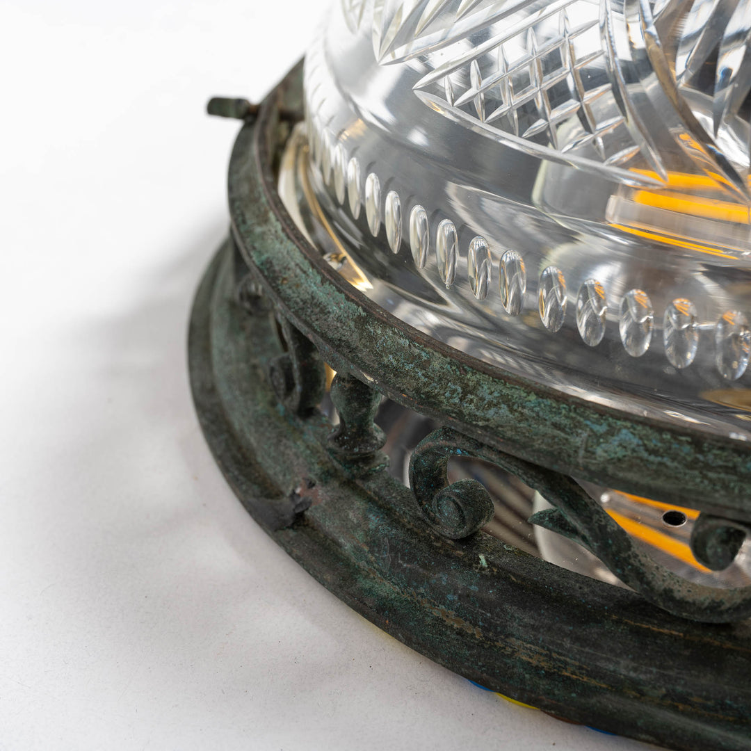 Decorative Open Panel Cast Bronze Flush to Ceiling Fitting with Exceptional Cut Crystal Bowl