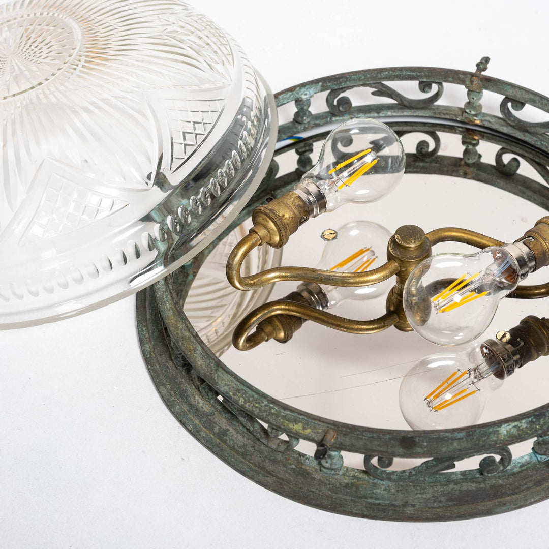 Decorative Open Panel Cast Bronze Flush to Ceiling Fitting with Exceptional Cut Crystal Bowl