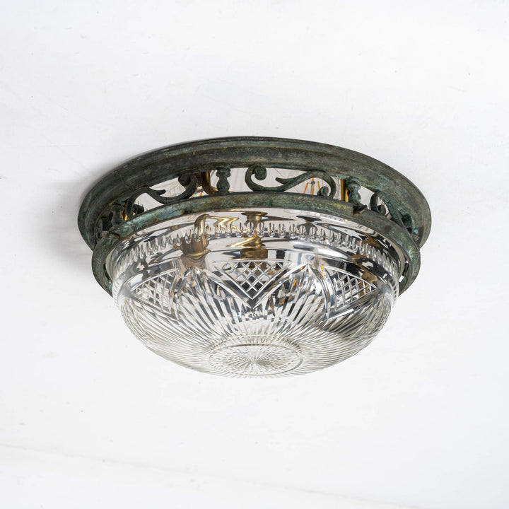 Decorative Open Panel Cast Bronze Flush to Ceiling Fitting with Exceptional Cut Crystal Bowl