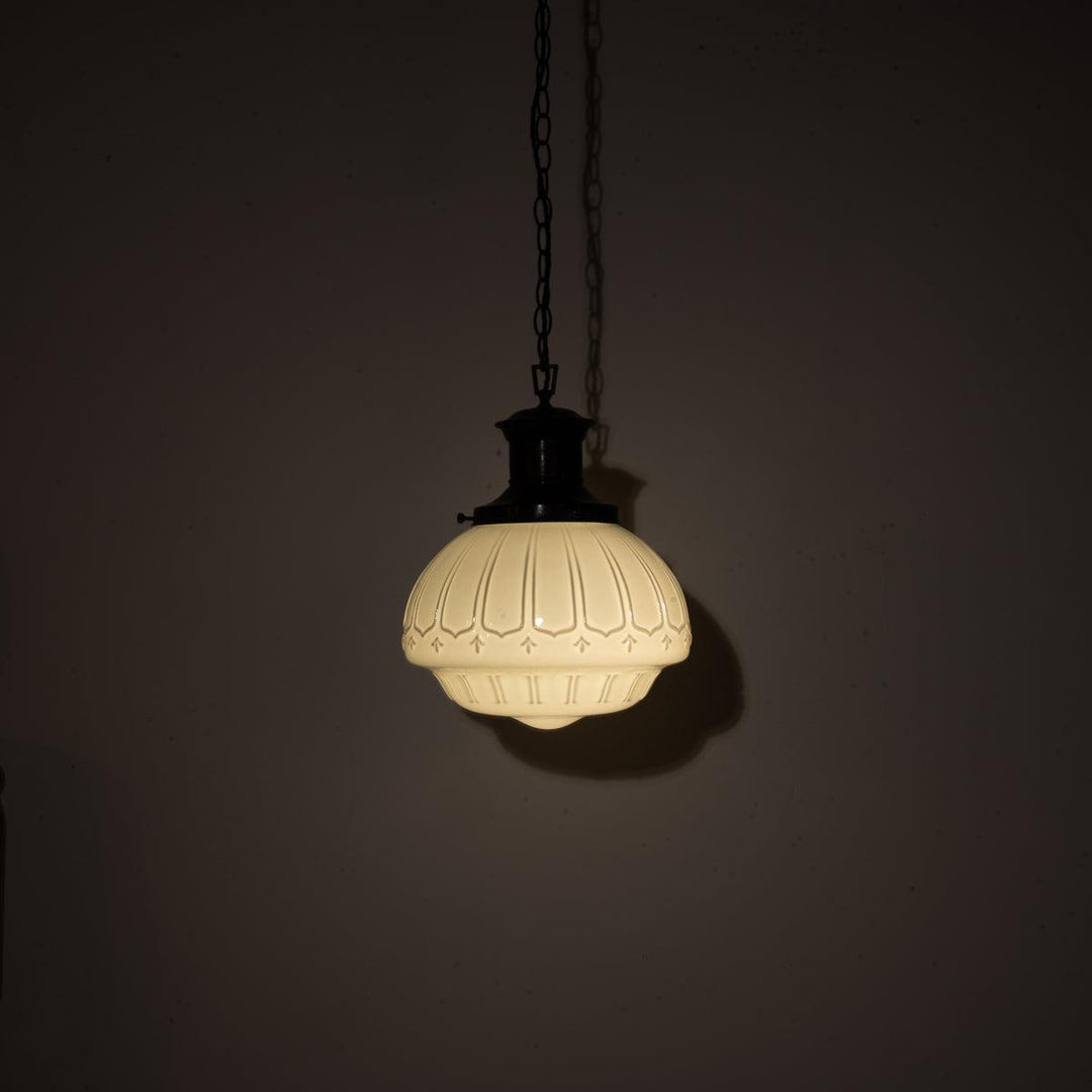 EXTRA LARGE BENCOLITE DECORATIVE OPALINE PENDANT LIGHT WITH AGED COPPER FITTING