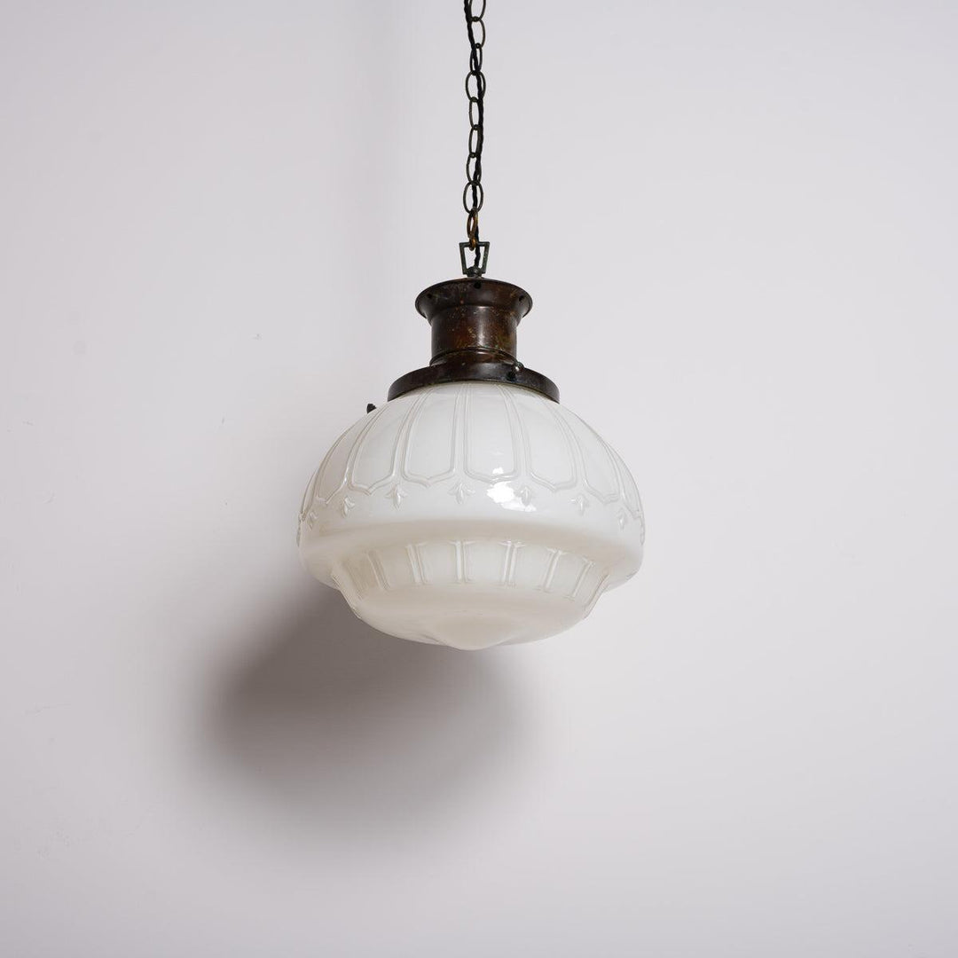EXTRA LARGE BENCOLITE DECORATIVE OPALINE PENDANT LIGHT WITH AGED COPPER FITTING