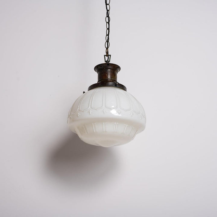 EXTRA LARGE BENCOLITE DECORATIVE OPALINE PENDANT LIGHT WITH AGED COPPER FITTING