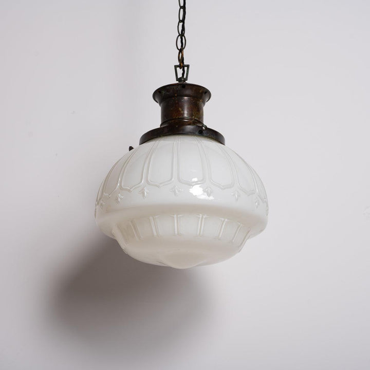 EXTRA LARGE BENCOLITE DECORATIVE OPALINE PENDANT LIGHT WITH AGED COPPER FITTING
