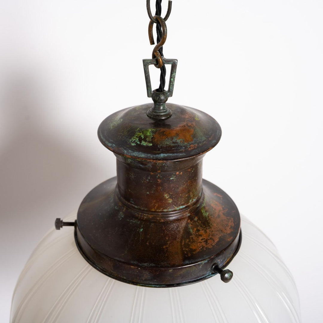 EXTRA LARGE BENCOLITE DECORATIVE OPALINE PENDANT LIGHT WITH AGED COPPER FITTING