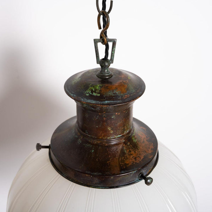 EXTRA LARGE BENCOLITE DECORATIVE OPALINE PENDANT LIGHT WITH AGED COPPER FITTING