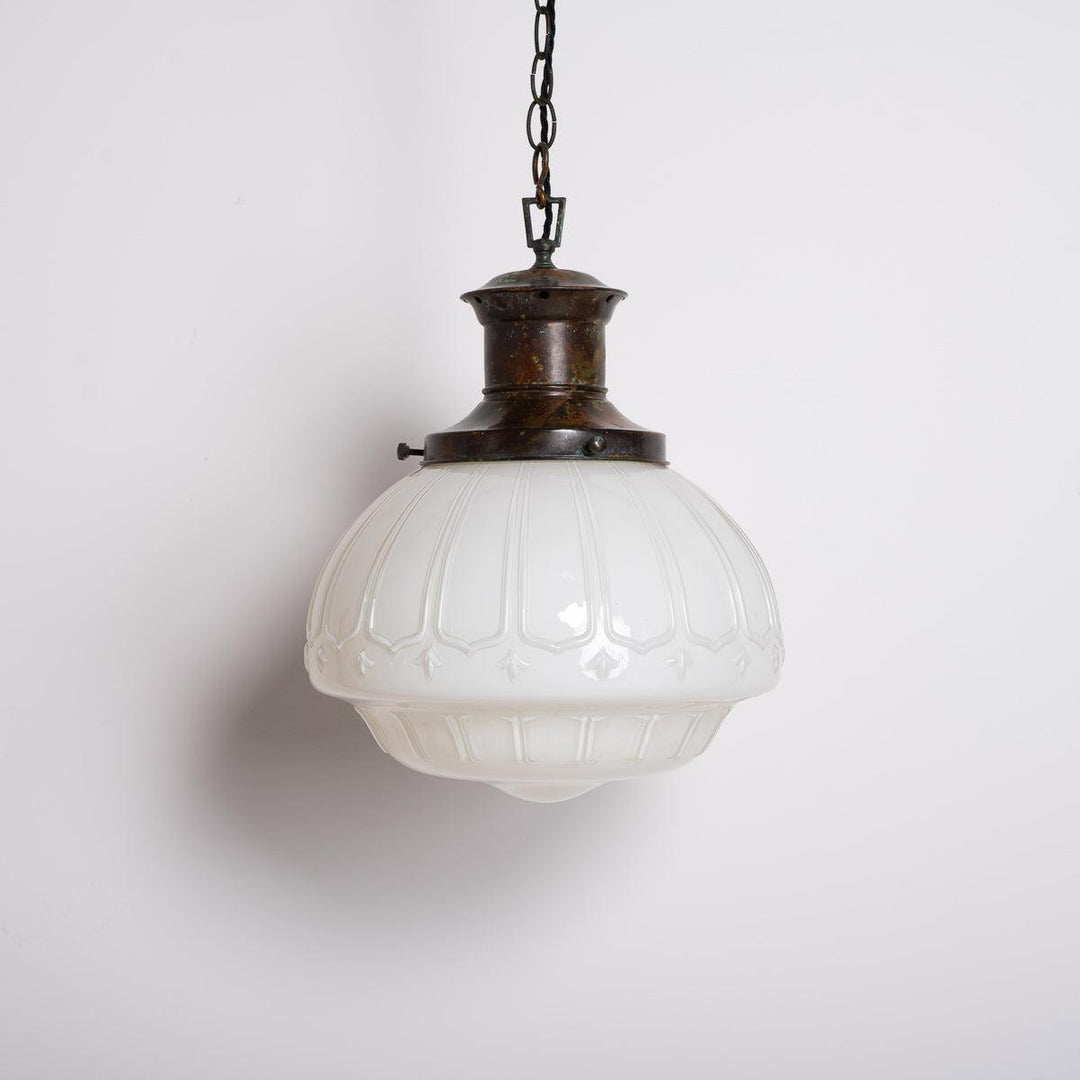 EXTRA LARGE BENCOLITE DECORATIVE OPALINE PENDANT LIGHT WITH AGED COPPER FITTING