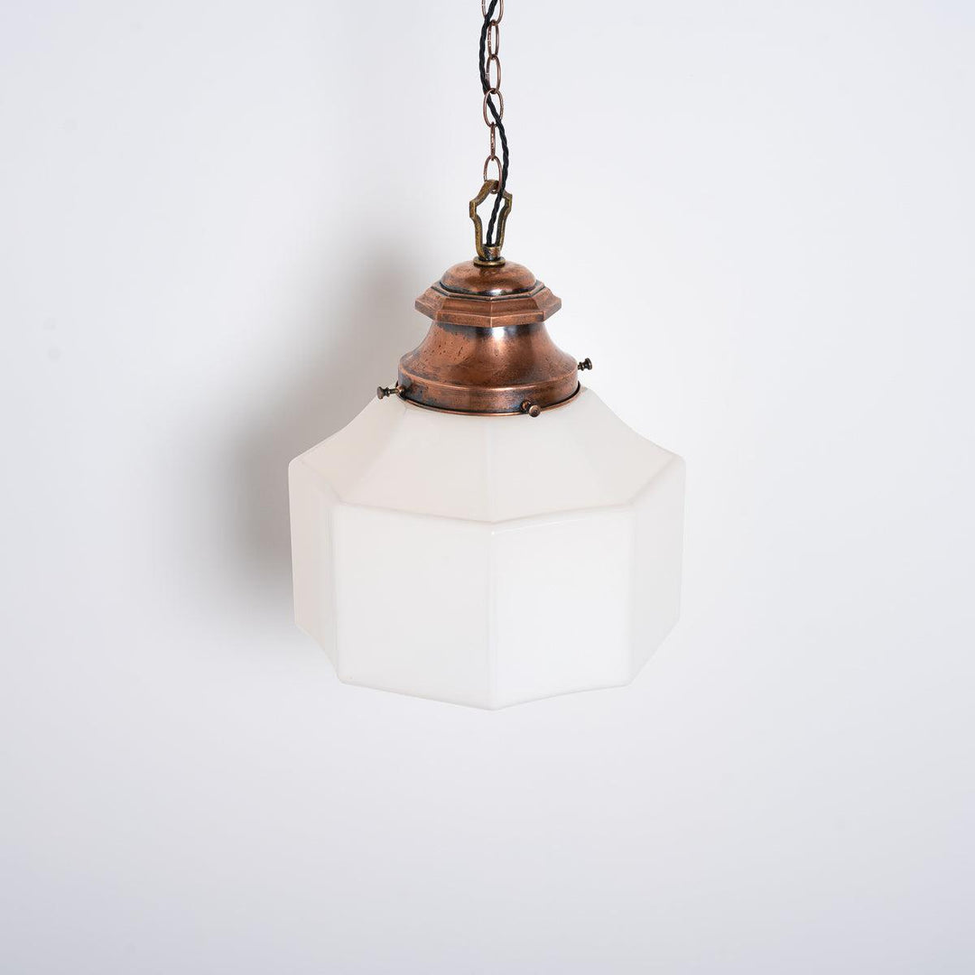 EXTRA LARGE VINTAGE OCTAGONAL OPALINE PENDANT LIGHT WITH CAST COPPER CANOPY