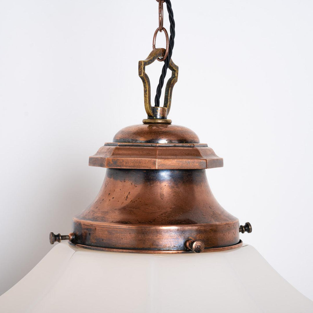 EXTRA LARGE VINTAGE OCTAGONAL OPALINE PENDANT LIGHT WITH CAST COPPER CANOPY