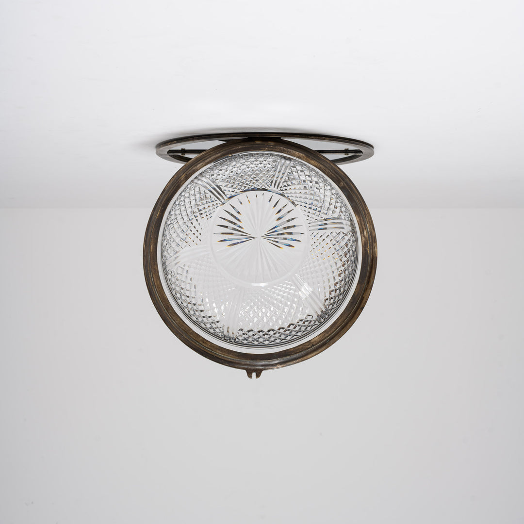 Exceptional English Antique Crystal Bowl Flush to Ceiling Light Fitting by GEC