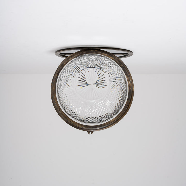 Exceptional English Antique Crystal Bowl Flush to Ceiling Light Fitting by GEC